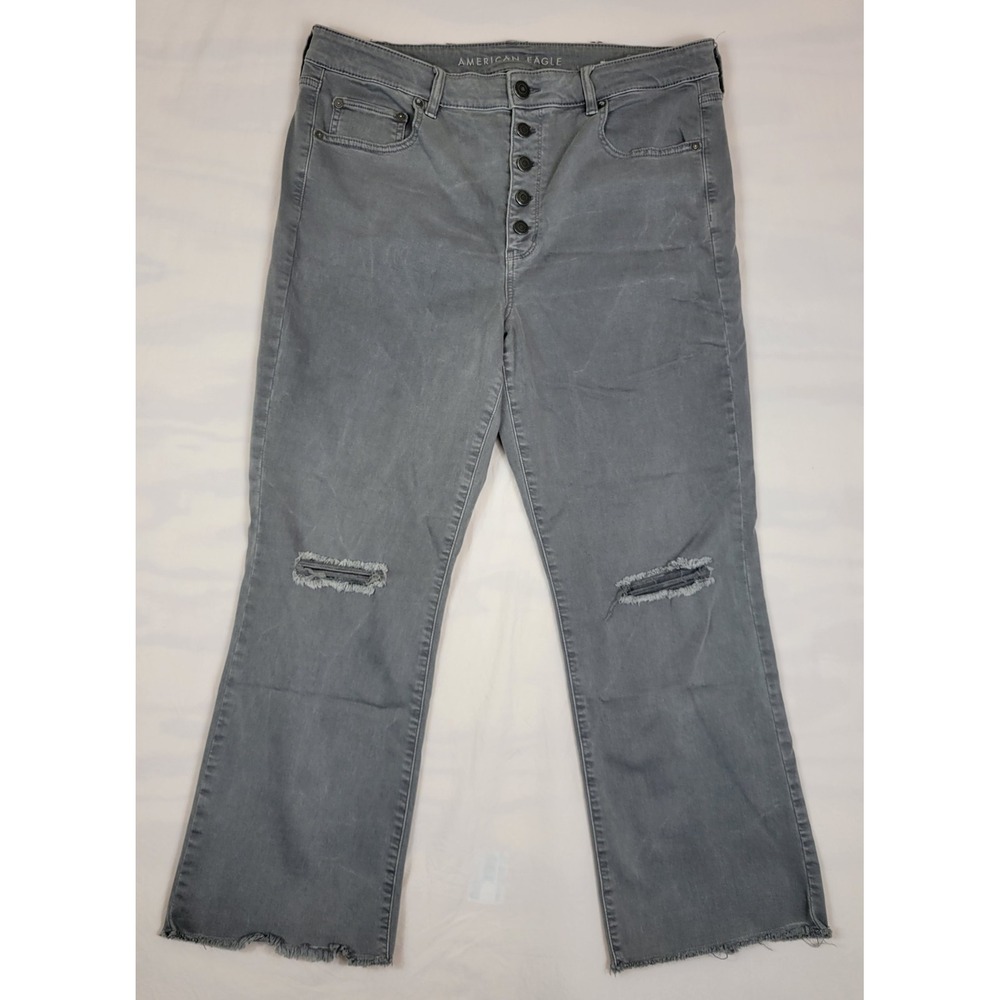 American Eagle Hi-Rise Crop Flare Gray Distressed Button Fly Jeans 18 Regular
